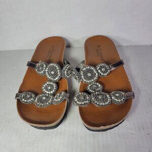 A. Giannetti Women Beaded Silver Metallic Leather Slip-On Sandals Size 7.5